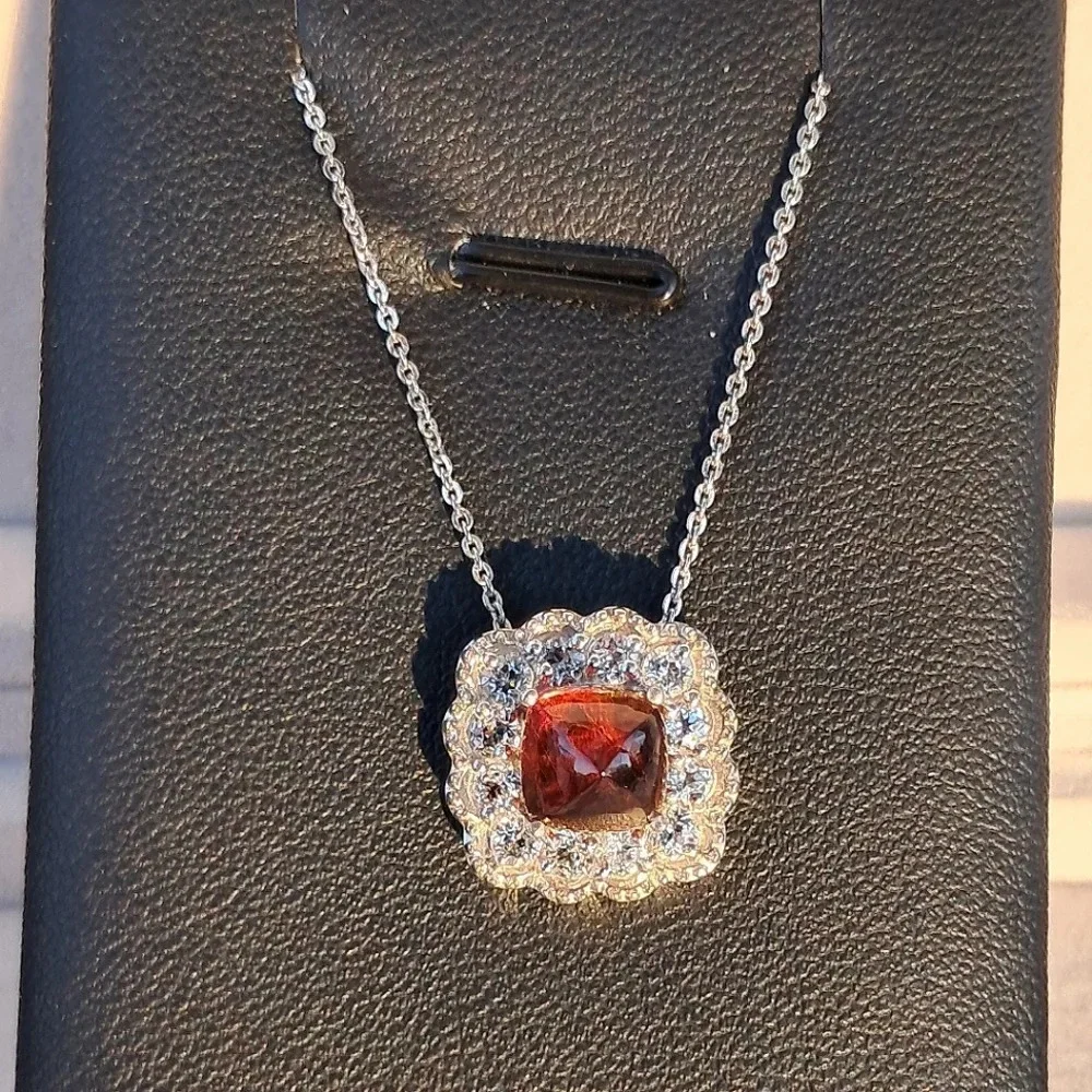 Cherry Citrine & Natural White Zircon Halo Pendant Necklace